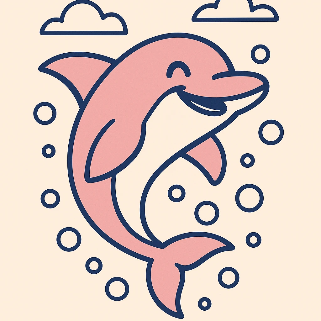 smiling pink dolphin jumping through bubbles, graffiti cartoon style emoji