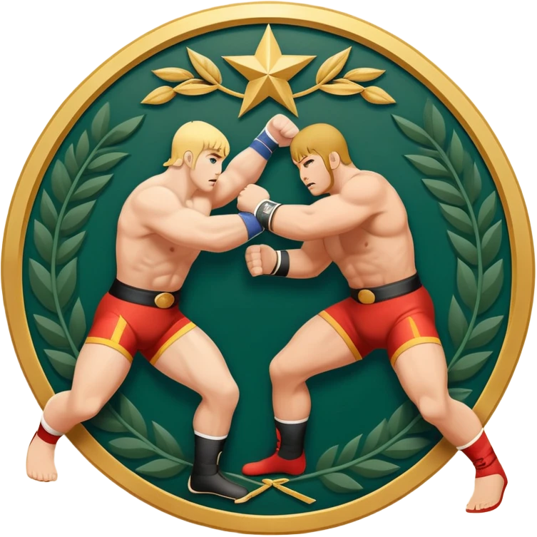 An icon symbolizing wrestling combat sports in the style of an emblem. The design features two wrestlers locked in a powerful grapple, one attempting to take the other down. Surrounding the scene are stylized elements like a championship belt, wrestling mat, and a laurel wreath.  emoji