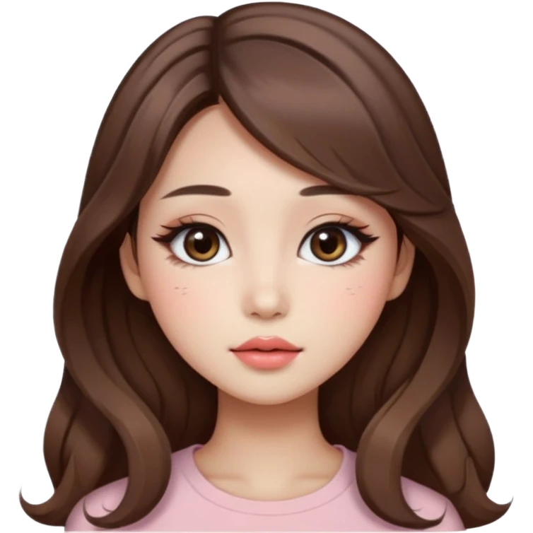“korean straight brown hair Emoji girl, soft eyeliner and blush, gradient lips, light brown shimmer eyeshadow, long wavy hair,  emoji