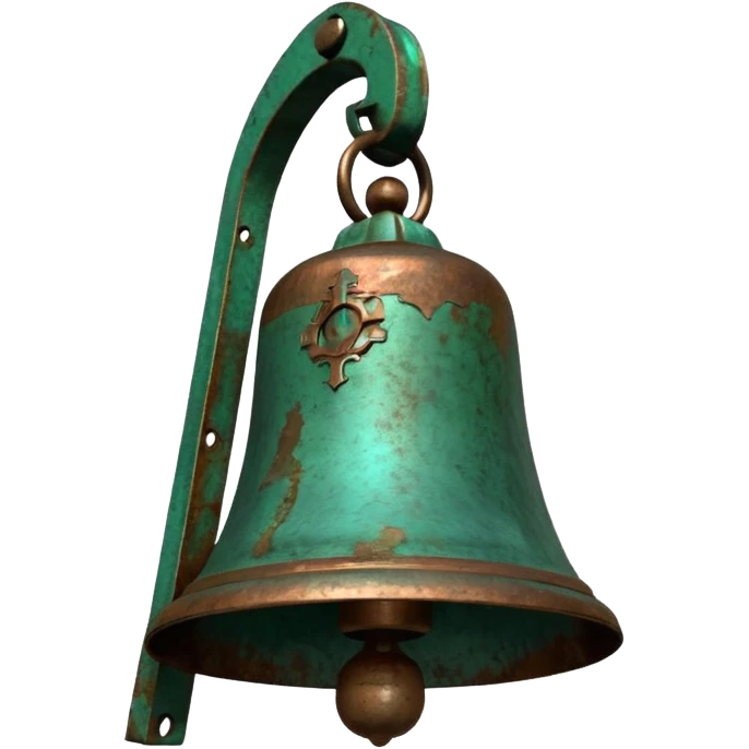 3D render of Church Bell, heavily oxidized copper texture, verdigris patina, Green weathered metal surface, weathered bronze aesthetic, ancient decay, emoji style, isolated on white background --v 6.0. emoji