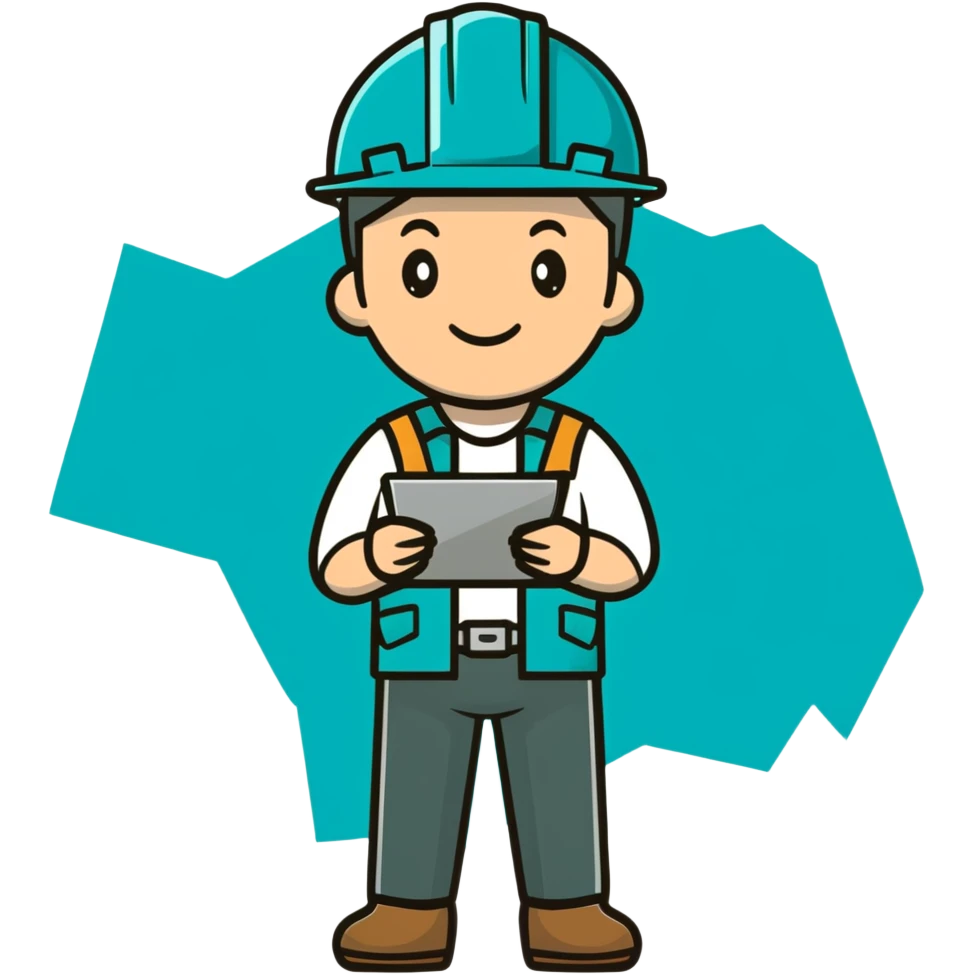 Male engineer or geologist with map or tablet, minimalist design with soft gradients in sky blue, teal green, white, and light gray emoji