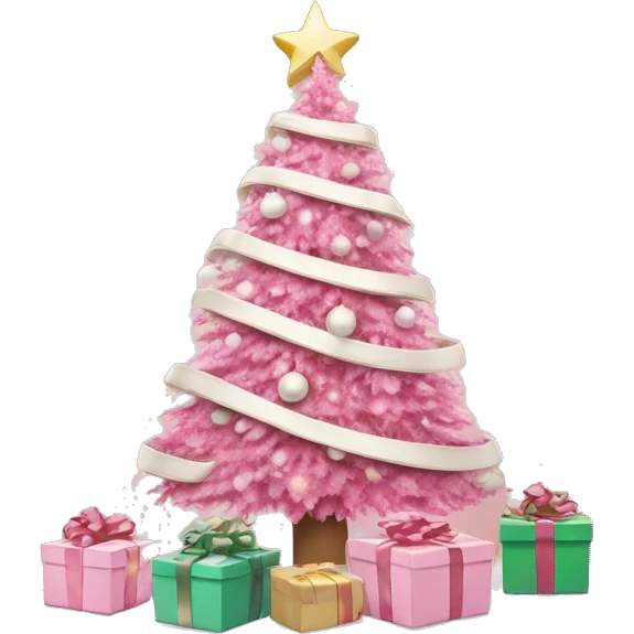 pink christmas tree with white and cream colored presents underneath emoji