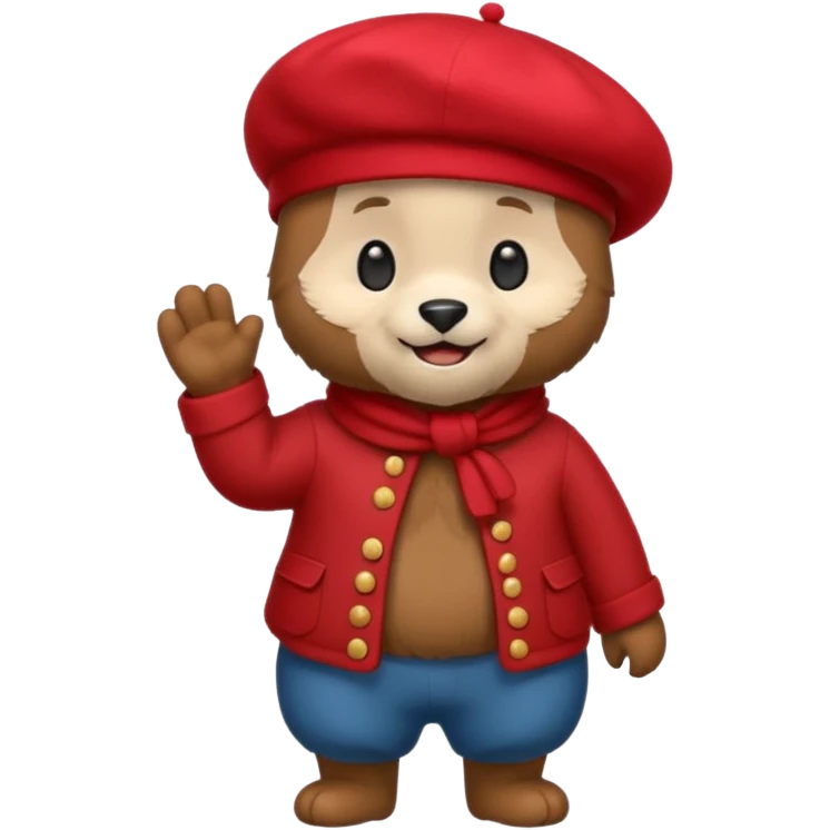 A cute emoji bear, full-length, side view, wearing a stylish red beret. emoji