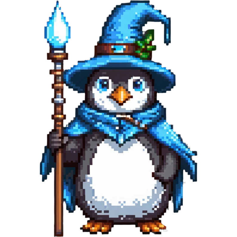 penguin wizard with pointy hat and staff emoji