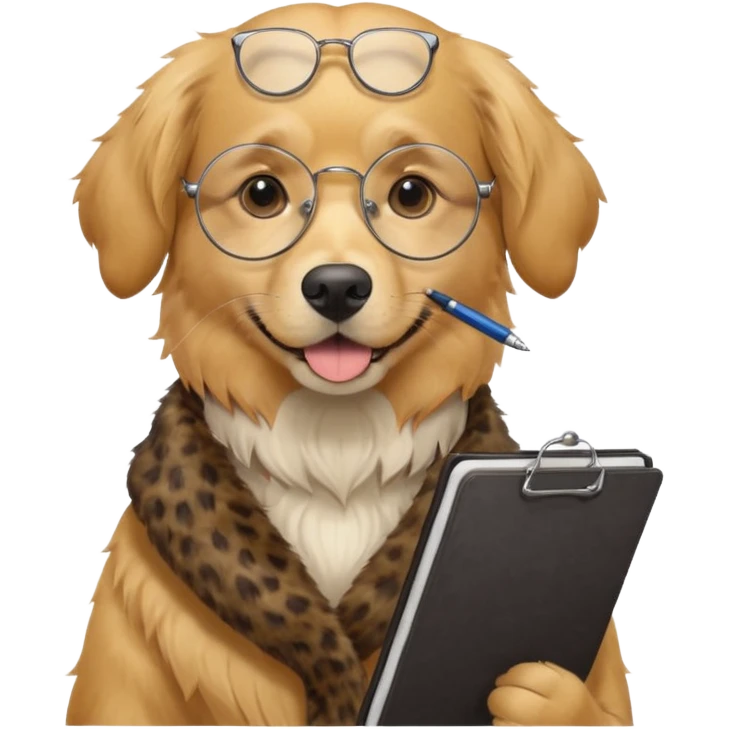Friendly dog with clipboard and pen, wearing round spectacles.
 emoji