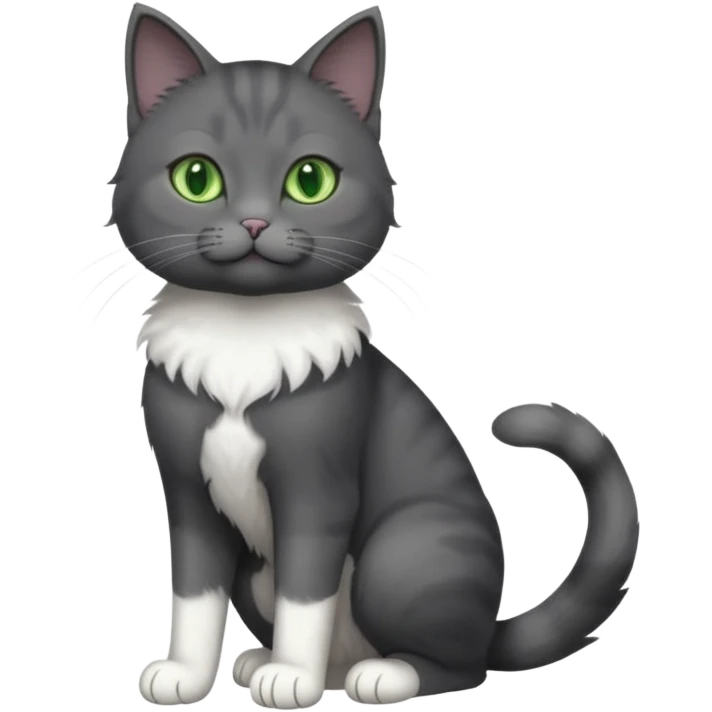 full body view of beautiful female solid dark grey cat with green eyes, white toes/paws and white patch on her chest emoji