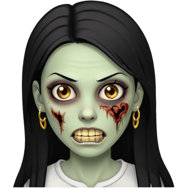 Faça uma zombie mulher com grillz com olhos castanhos cabelos liso preto partido ao meio e estilo baddie emoji