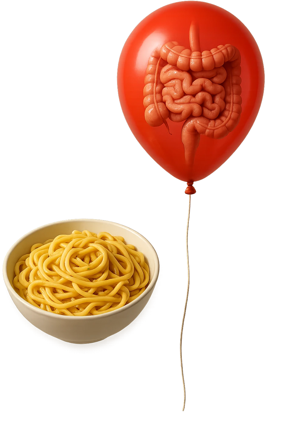 bowl di pasta fluttua in aria insieme ad un palloncino rosso con all'interno un intestino umano anatomico realistico, iperrealistico 4k emoji