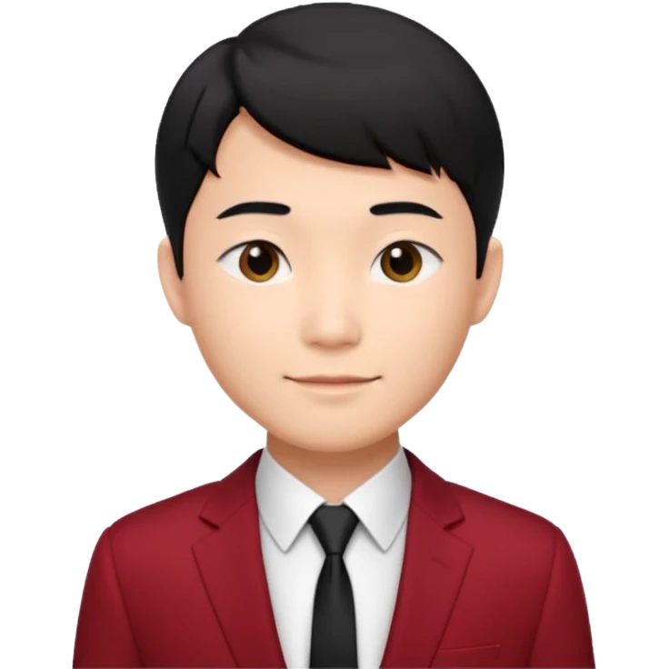 handsome Asian man emoji, short black hair with soft fringe, clean and elegant look, fair skin, gentle smile, wearing dark red suit and white shirt emoji