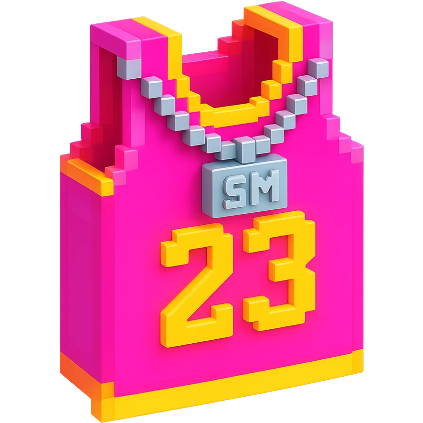 светящейся розовая баскетбольная майка с надписью "23" и серебряная цепь с надписью "SM", no background emoji