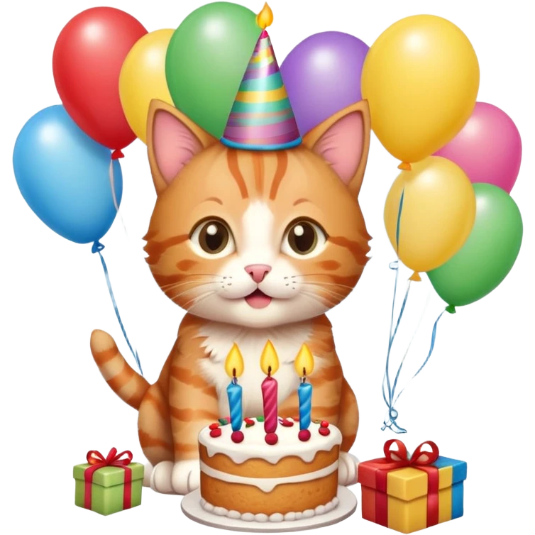 Ginger tabby kitten celebrates birthday, birthday hat, birthday cake, one candle, balloons, happy, gifts emoji