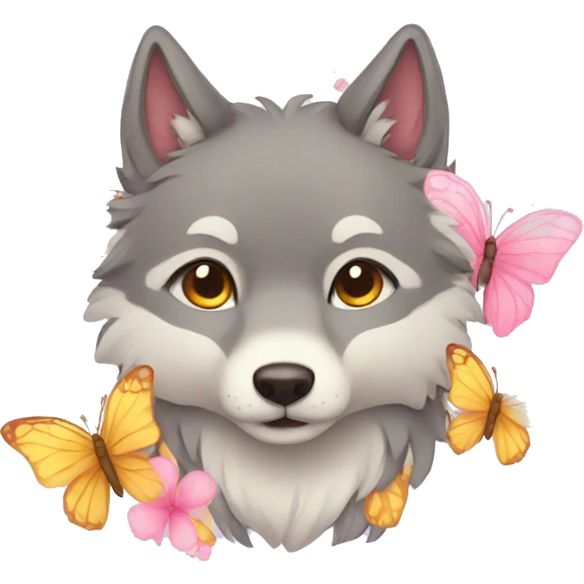 a kawaii wolf with butterflies emoji