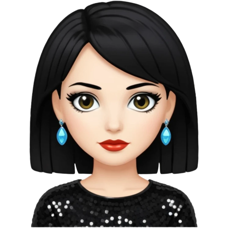 Carol-Anne Moss with black hair, black sequin outfit emoji