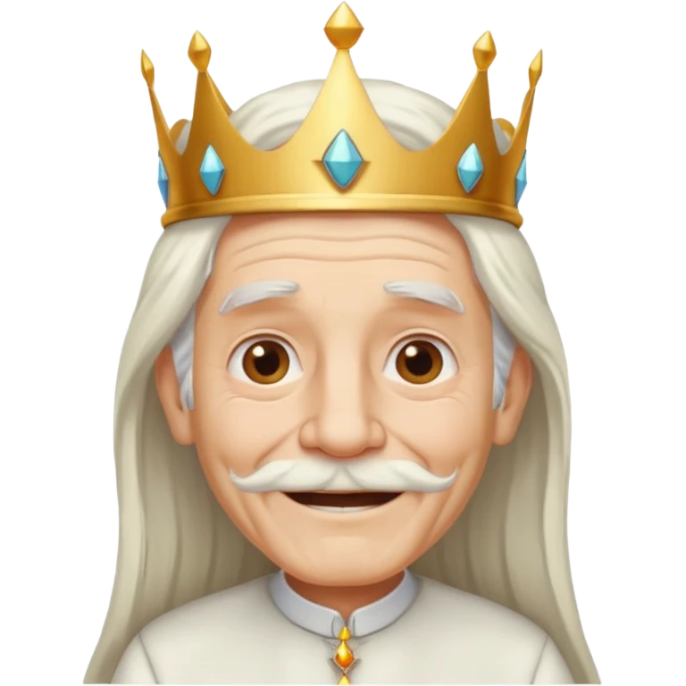 a smiling old man with long white hair and has no beard wearing a white smart shirt and a crown emoji