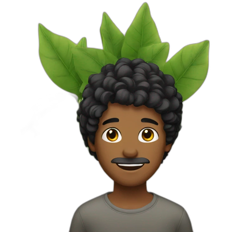 boy with wavy black hair and a stubble with a plant emoji
