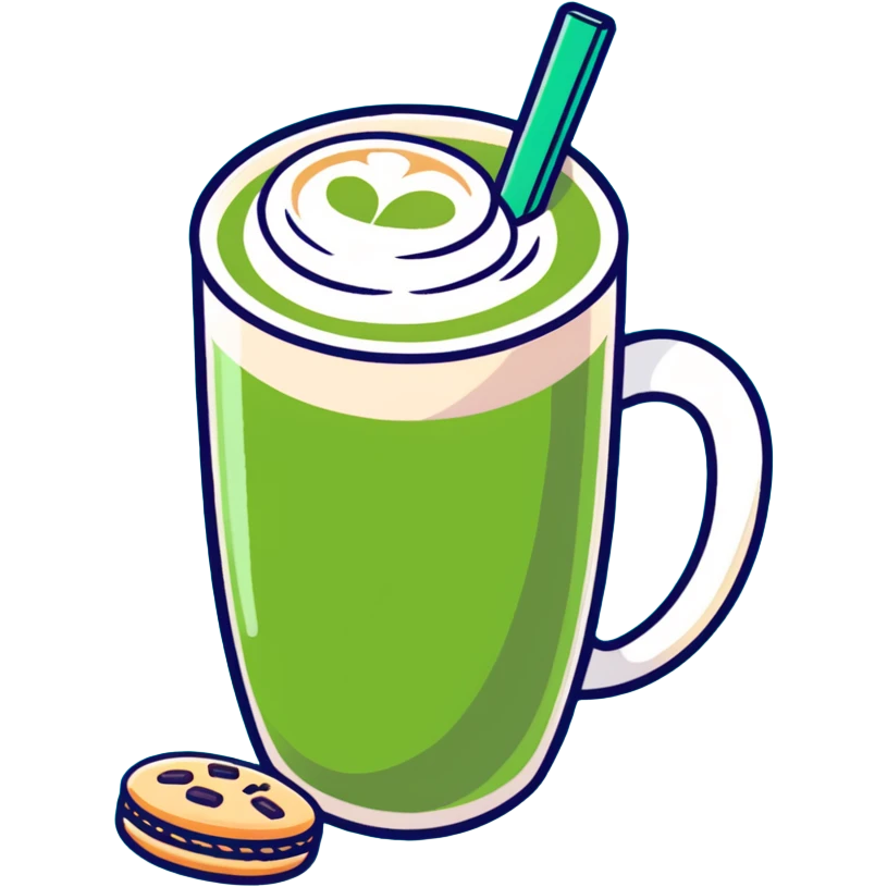 matcha latte in warm olive-brown tones with leaf detail, cute cookie beside it, soft dreamy emoji