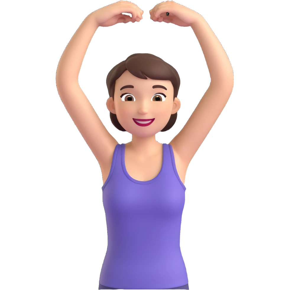 short-haired woman, sleeveless shirt, arms lifted, smiling, modern illustration emoji