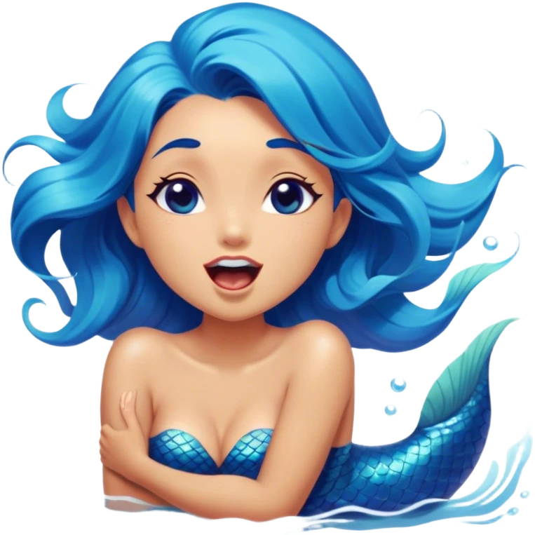 Cinematic Realistic Blue Hair Mermaid Portrait, head tilted slightly with a dramatic, wide-open yawn, revealing a tender, relaxed visage with intricately detailed, tanned skin and vibrant, cascading blue hair softly billowing around her. Her dreamy eyes exude a serene, aquatic charm, rendered with gentle underwater lighting and a soft, high-shine finish that captures the essence of a drowsy yet captivating mermaid drifting into tropical slumber. emoji