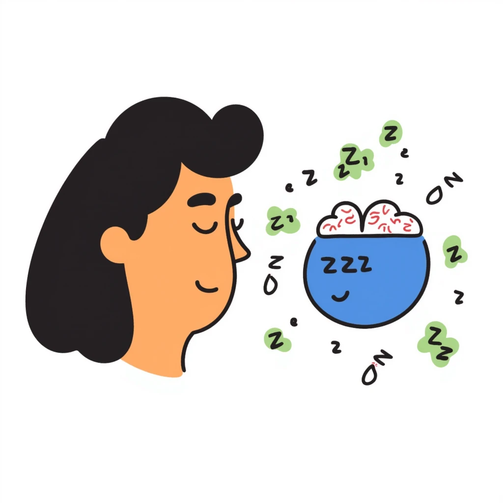 Sedative effect illustration: half-awake (orange) and half-asleep (blue) face profile with green sedative molecules slowing down red brain activity waves. Hand-drawn sleep icons (ZZZ) increasing in size as consciousness fades. Simple and clean sleep medicine concept. emoji