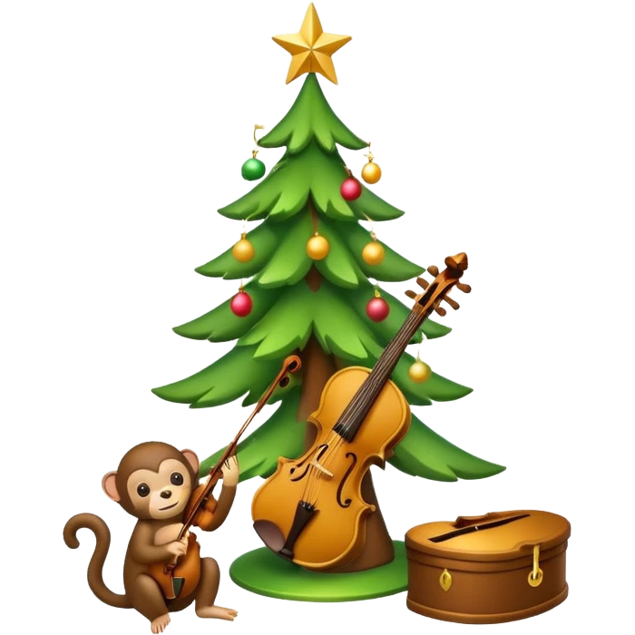 A cute, minimal emoji-style Christmas tree with a bright green triangular shape decorated, a wooden violin replacing the trunk, and a small playful monkey sitting at the very top carefully placing a golden Christmas star emoji