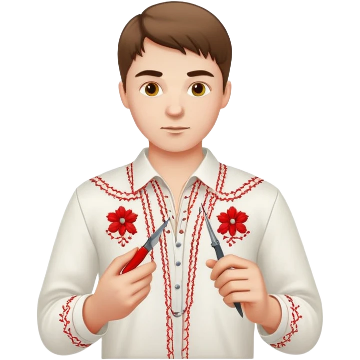 Ukrainian young man in a white embroidered traditional shirt holding a red thread with a needle and pliers emoji