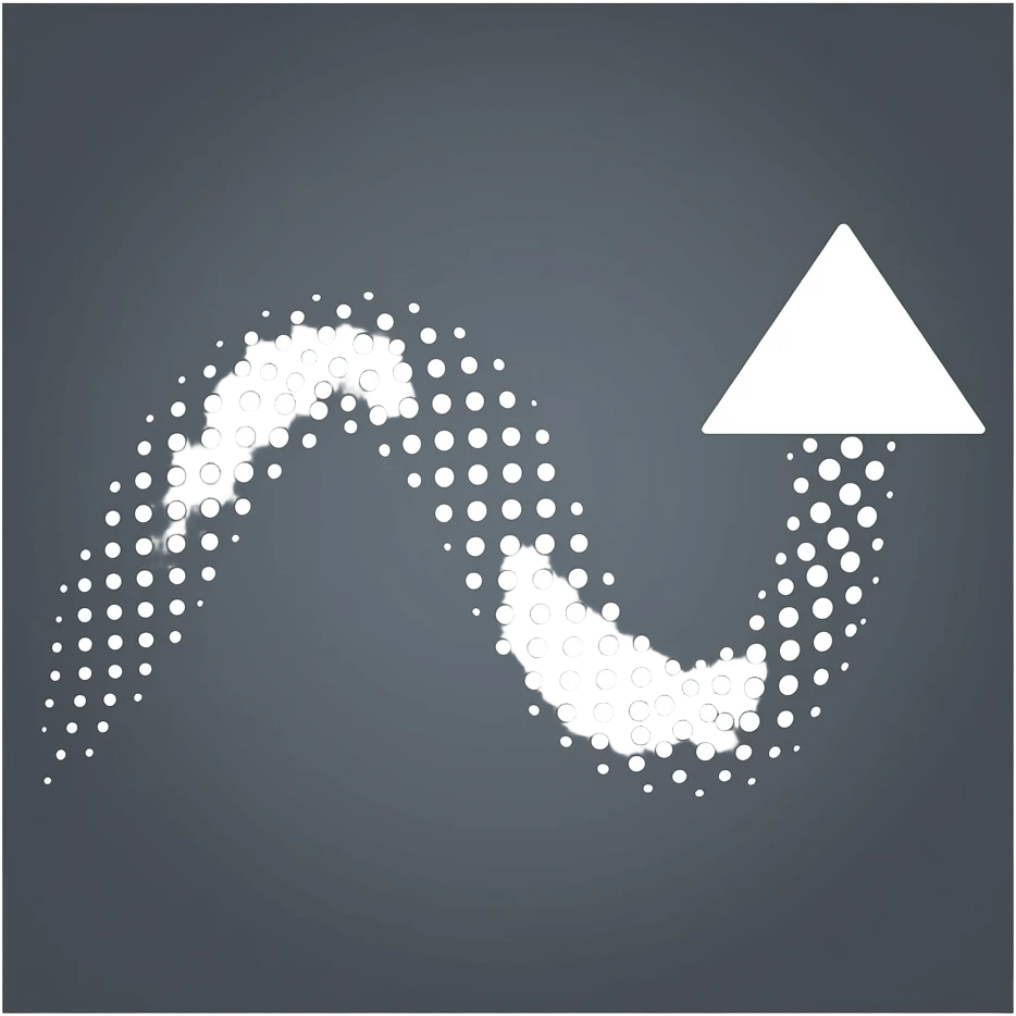 Flecha blanca de puntos uniformes sobre fondo gris oscuro mate. Trayectoria ondulada que forma una curva de valle y luego un pico. Termina a la derecha con una punta triangular sólida y blanca. emoji