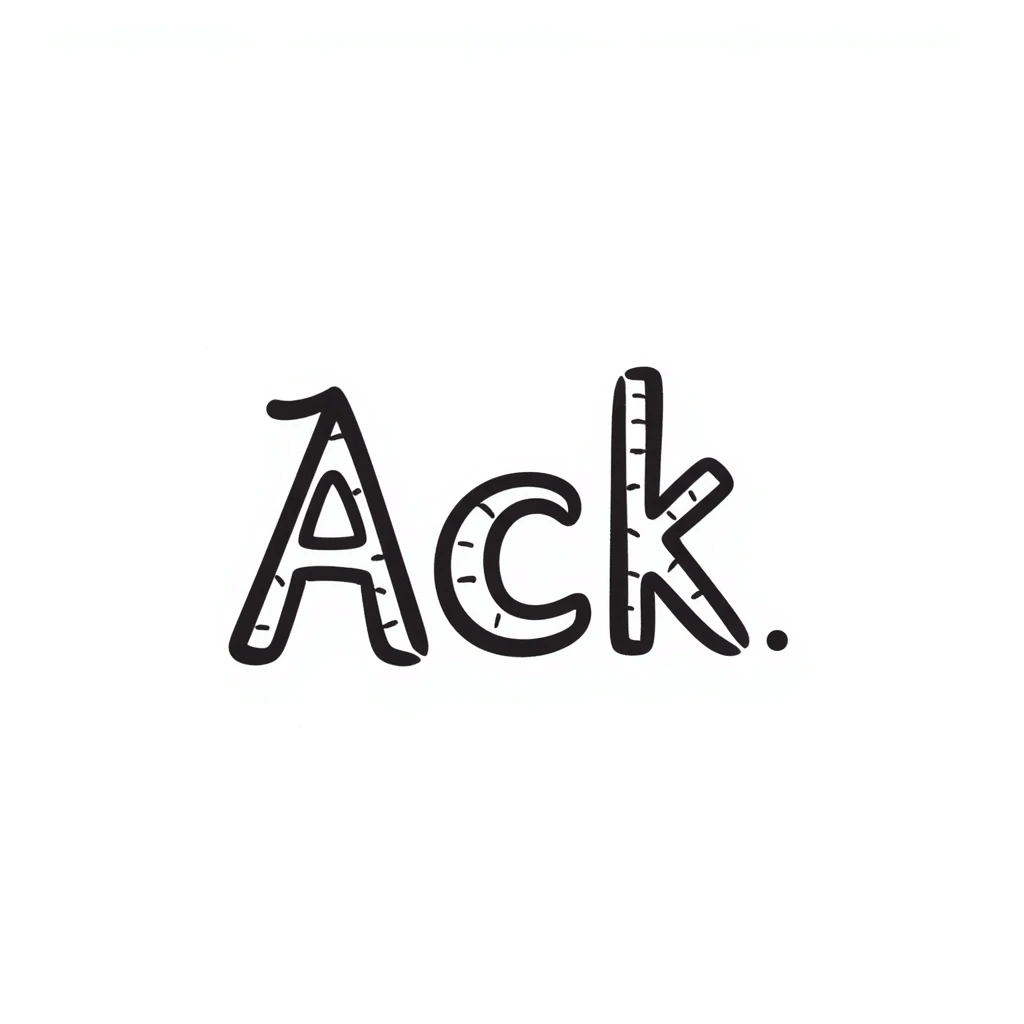 hand-drawn text 'Ack' with expressive lines in a doodle style emoji