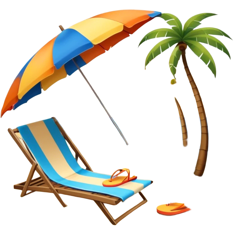 Icon for Beach Tourism: with the blue ocean, orange sunset, yellow sand beach and palm trees in the background, a sun umbrella, flip-flops, and a beach towel on the sand. The icon should represent relaxation and fun at the beach. Transparent background emoji