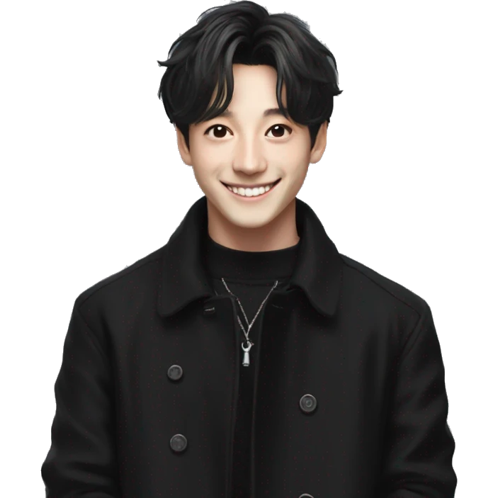 Jungkook from BTS smiling, wearing a black coat emoji