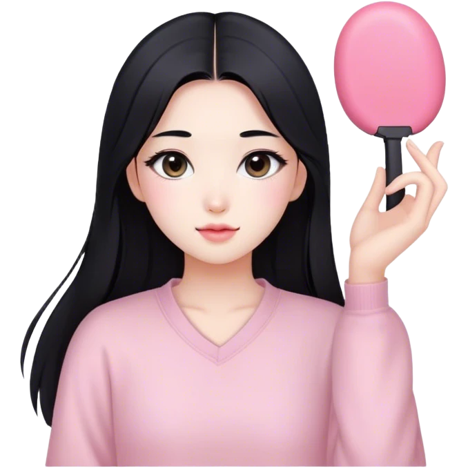 soft pink beauty vlogger girl fair skin with long straight hair. natural makeup like korean girls, black hair emoji