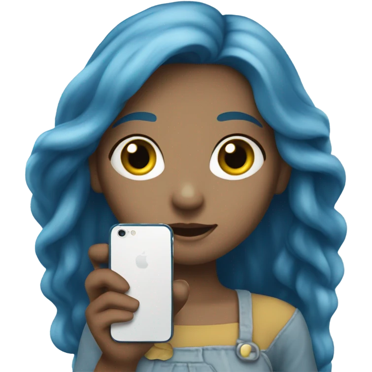 white skin girl with long blue hair holding a phone in her hands emoji