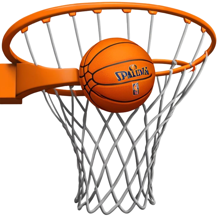 Simple orange basketball with NBA logo caught in basketball net from below perspective, iOS emoji style emoji