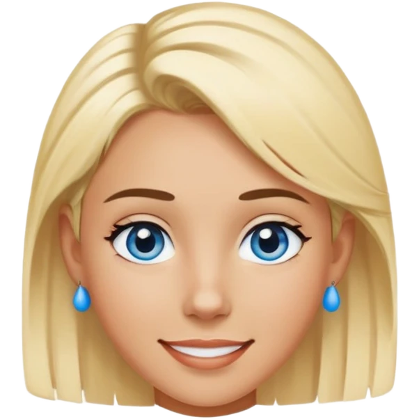 Person with blue eyes and messed up short blonde hair and tanned with a good smile and black dot earrings emoji