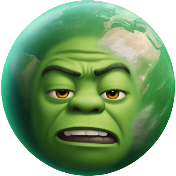 Realistic planet with features similar to the moon, green, shrek themed emoji