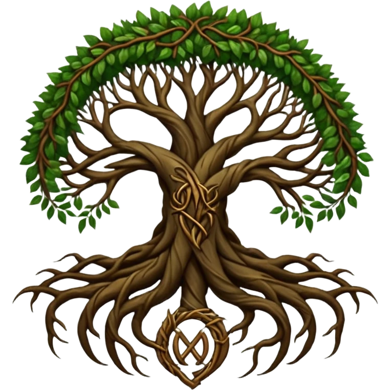 Tree roots forming a sigil shape, earth magic symbolism, deep greens and browns emoji