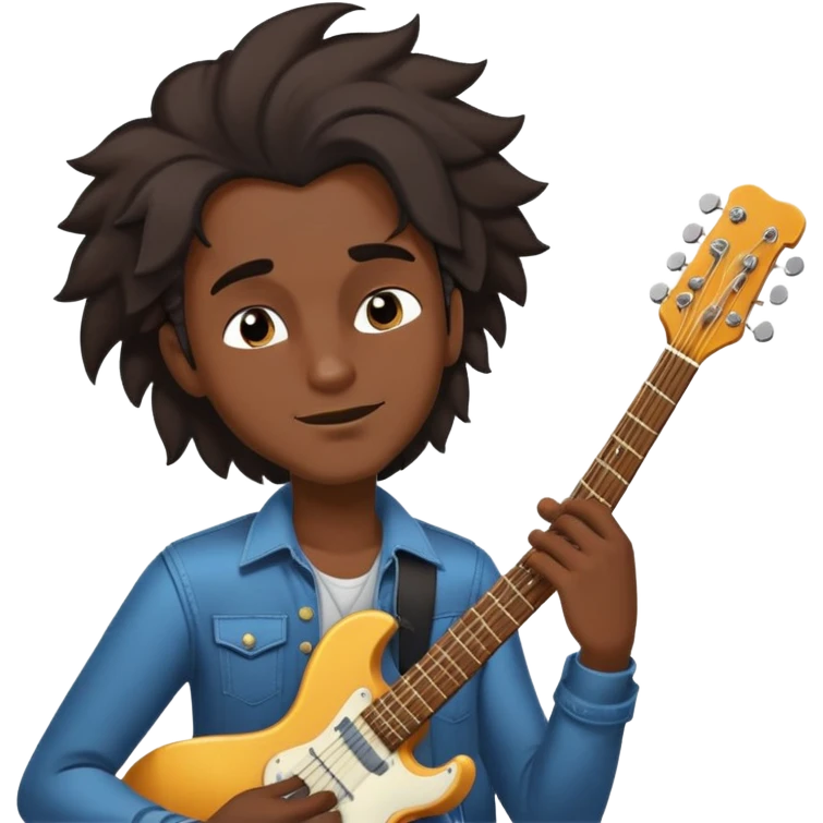 Musician's face and torso, confident smirk, half-closed eyes looking up, eyebrows showing confidence, rockstar hairstyle, no guitar, expression shows he's thinking about future success emoji
