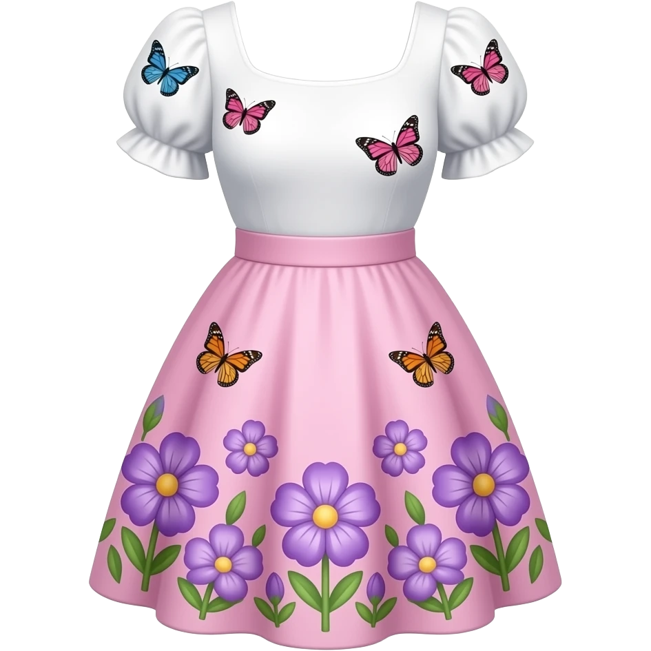 vestido con mangas redondas de vuelo con torso blanco con mariposas y parte inferior rosa con flores violetas emoji