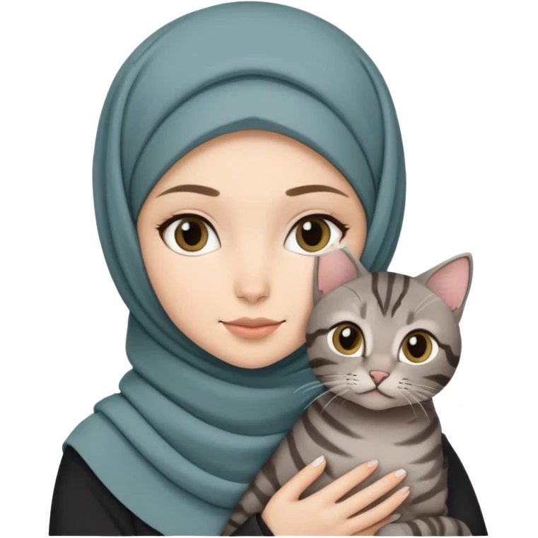 White girl wearing hijab holding a black grey tabby cat emoji