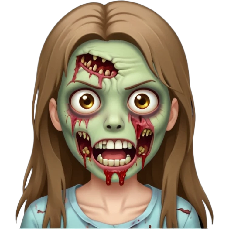 faça uma menina zumbi, ela tem cabelo marrom comprido e bem bem liso, ela nao tem franja. ela usa maquiagem com rimel e ta com a boca aberta emoji