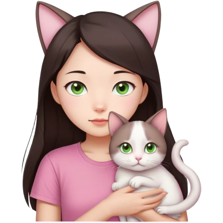 This Chinese girl has fair skin. She has long semi-short dark brown hair and is wearing a pink T-shirt. She is holding a white folded-eared cat, her cat has light green eyes emoji