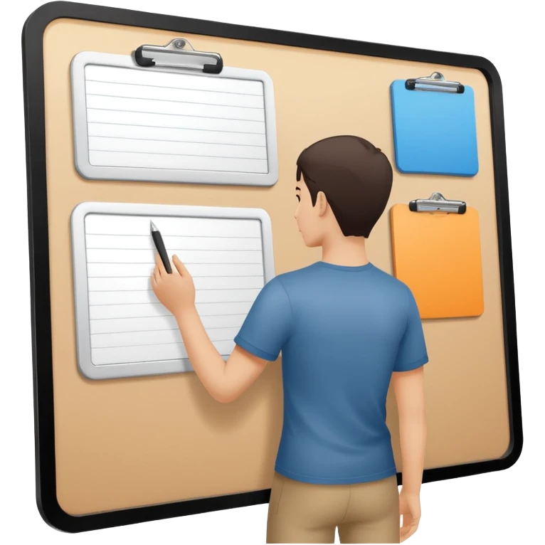 Minimalistic flat vector icon, iOS style, thin black contour on white background. Person silhouette with a project board (kanban/task board) behind. No text, no shadows.
 emoji