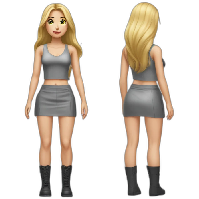 hyperrealistic caucasian blonde, long straight hair, white deep v-neck crop tanktop, gray tight mini skirt, body view emoji