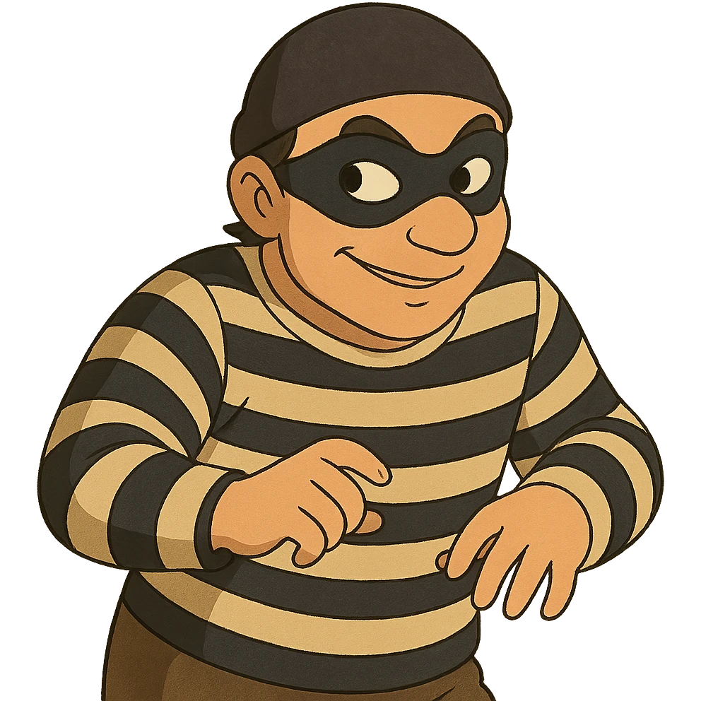 ghibli style robber with sneaky expression, black mask, striped shirt emoji