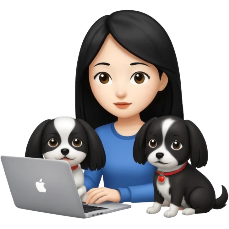 Asian girl with long black hair working on an Apple laptop, next to her is a small black and white dog emoji