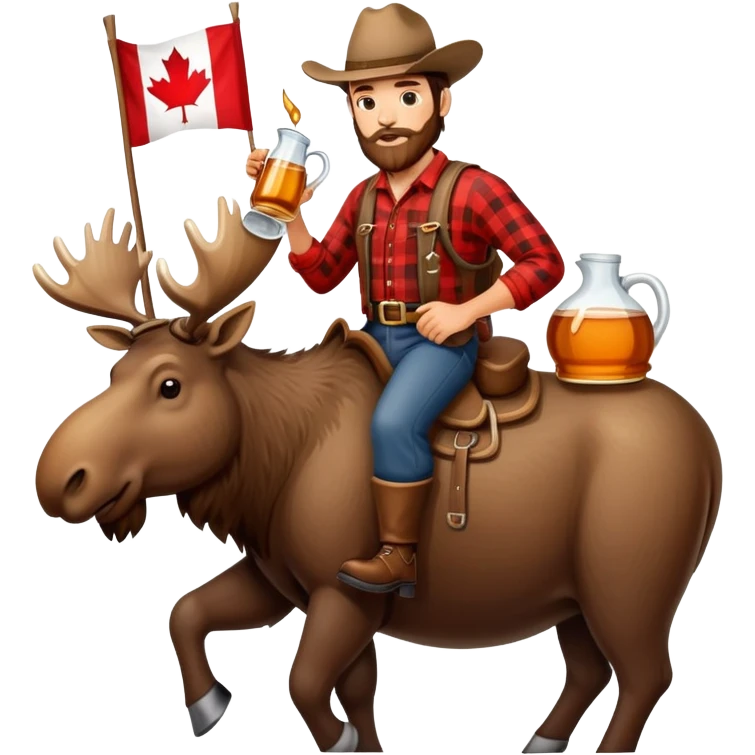 Canadian lumberjack, drinking from a jug maple syrup, carrying a furling Canadian flag, and riding on a moose emoji