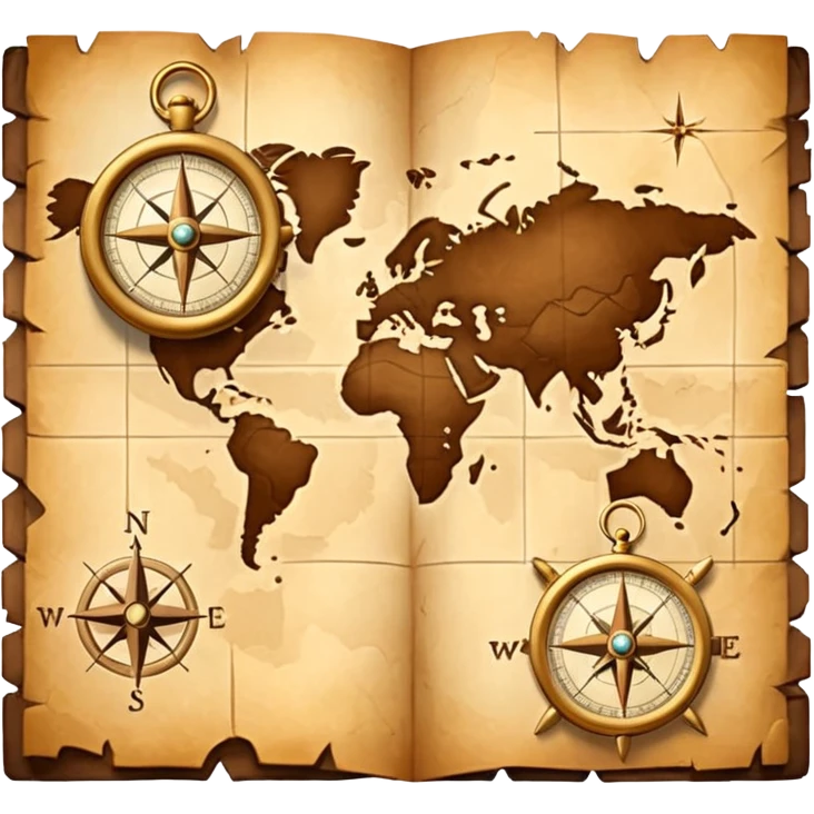 3D Brown golden map with Travel compass pointing to adventure emoji