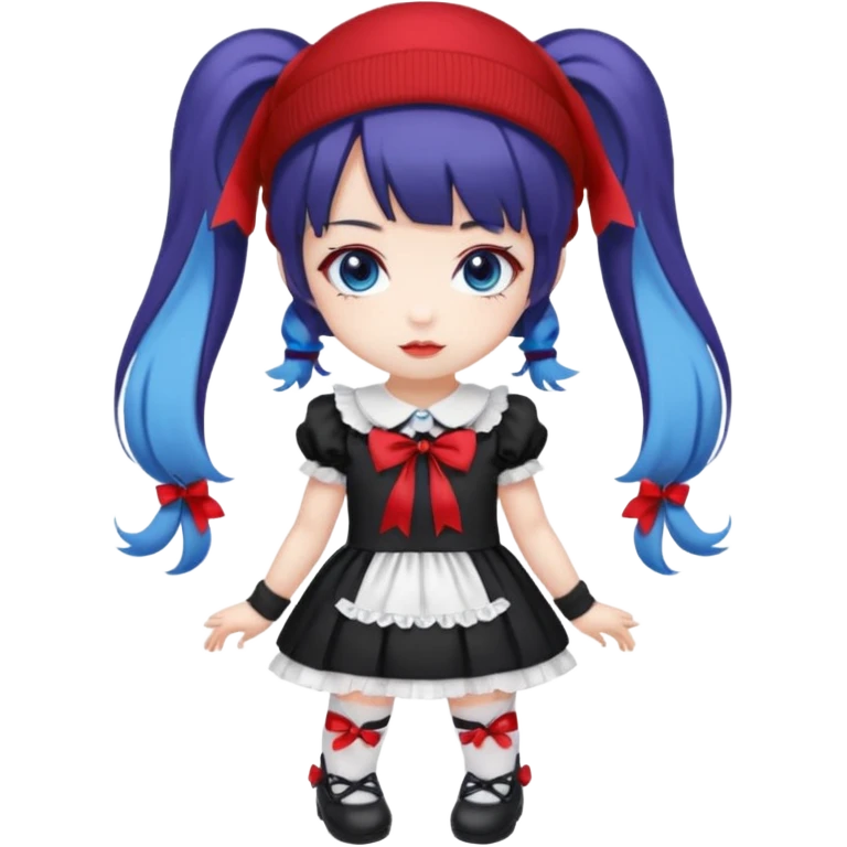 Chibi kawaii girl, violet eyes, black-blue twin tails, red ribbons, red beanie, black & white lolita dress with red accents, white thigh-highs, black mary janes, cute aesthetic. emoji