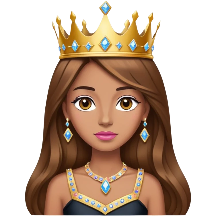 Queen, brown long hair, golden crown encrusted with pink and blue diamonds, black dress emoji