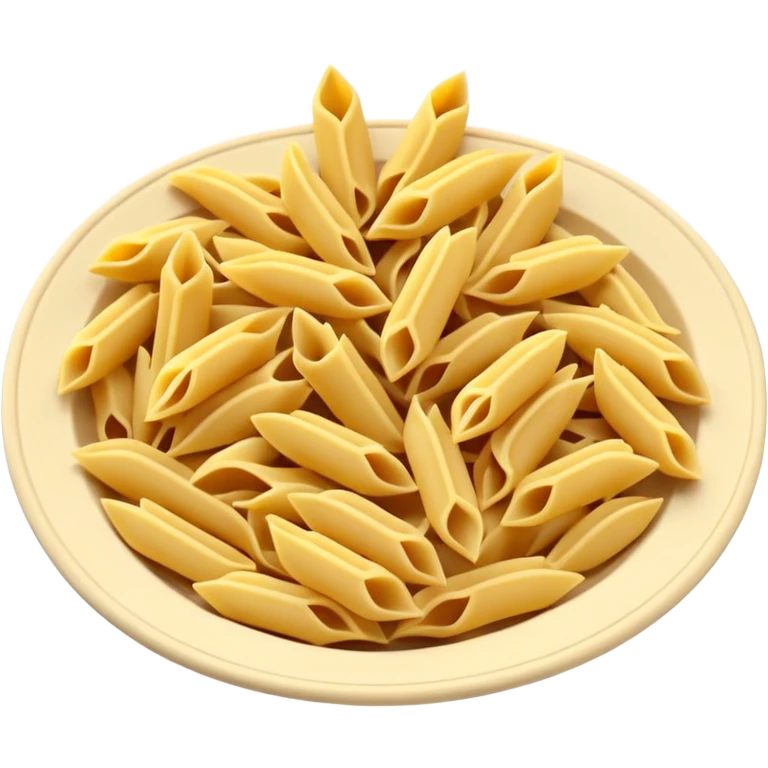 3 to 5 pieces of uncooked pasta (penne, fusilli, farfalle), clean arrangement, smooth slightly matte texture, pale yellow to golden beige color, dry and clean, slightly curved or twisted, 3D-rendered, clean, soft lighting, subtle shadows, no packaging or faces, emoji scale emoji