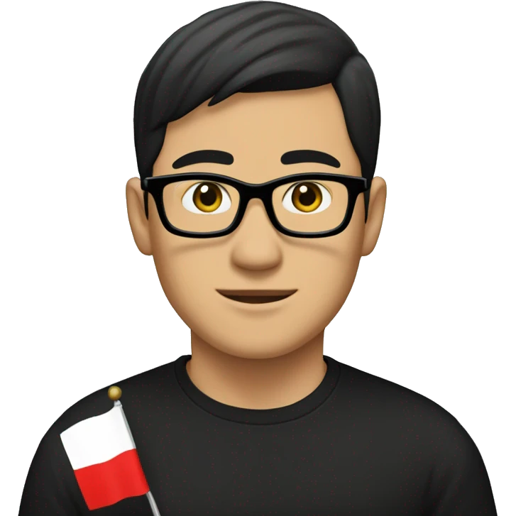 Asian male with black shirt and glasses, black hair, the flag of Sealand behind him emoji